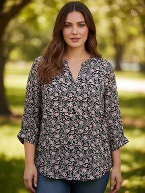 Violet & Claire Black Floral V-Neck Women's Blouse size 1X